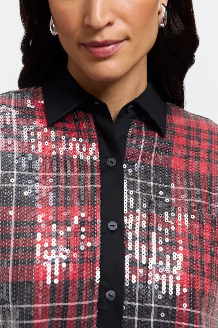 Marina Long Sleeve Sequin Plaid Shirt in Red - Mildred Hoit