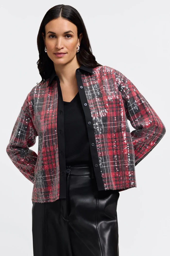 Marina Long Sleeve Sequin Plaid Shirt in Red - Mildred Hoit