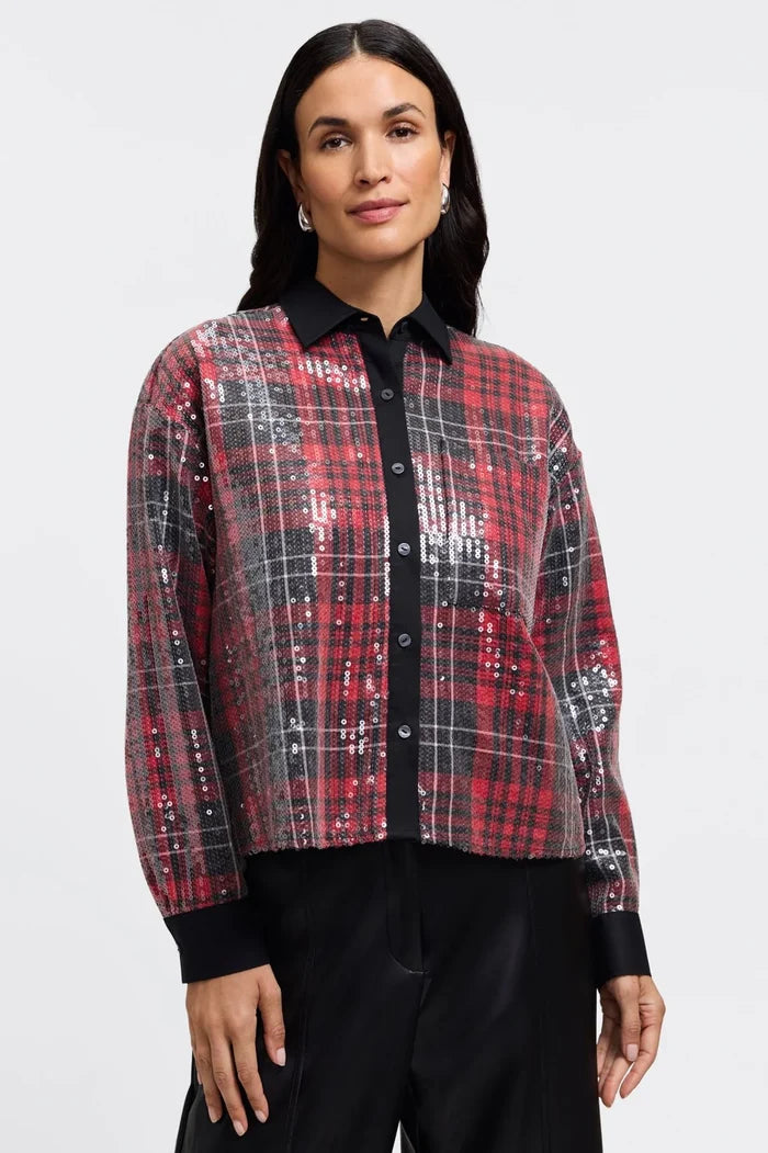 Marina Long Sleeve Sequin Plaid Shirt in Red - Mildred Hoit