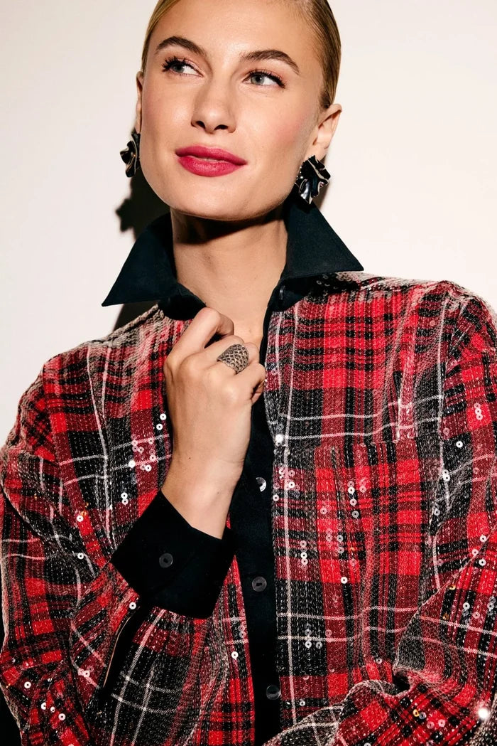 Marina Long Sleeve Sequin Plaid Shirt in Red - Mildred Hoit