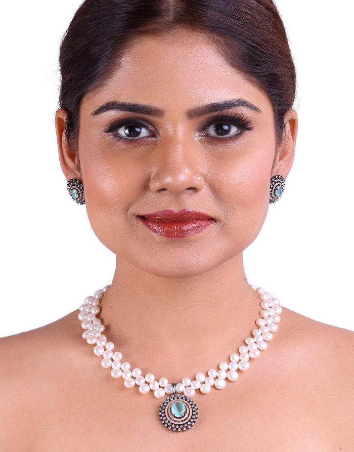 Mesmerising White Freshwater Button Pearl Set, With Cz Semi Precious Stone