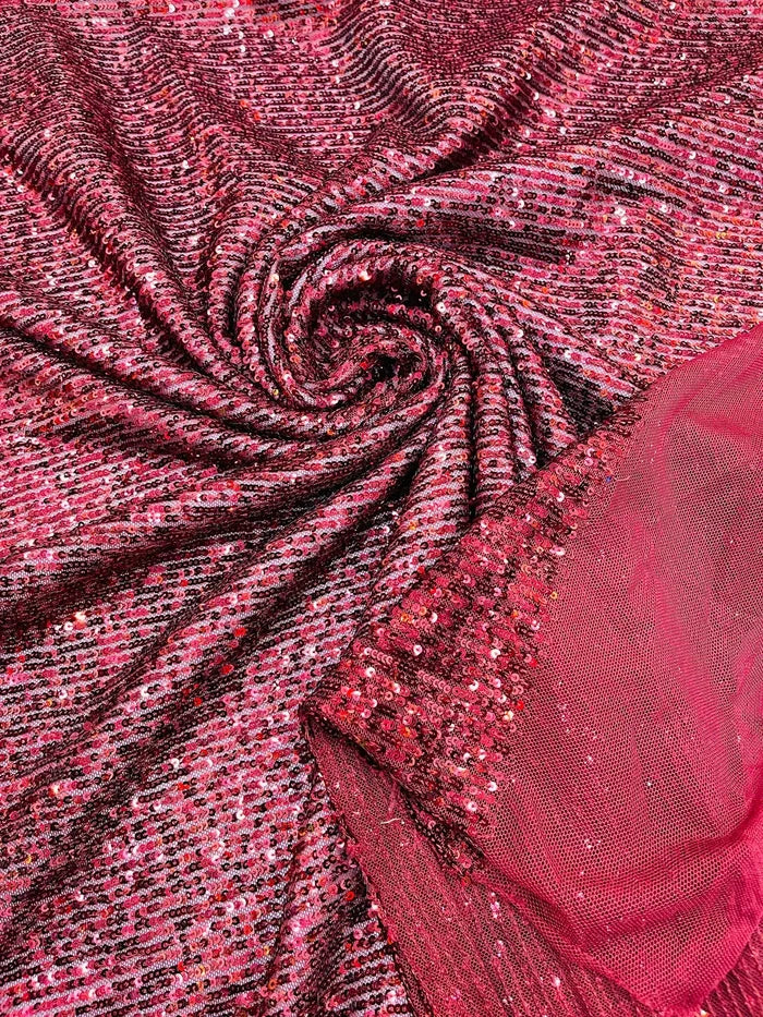 Mille Stripe Spandex Sequins - Burgundy - 4 Way Stretch Lace Spandex Mesh Sold By Yard