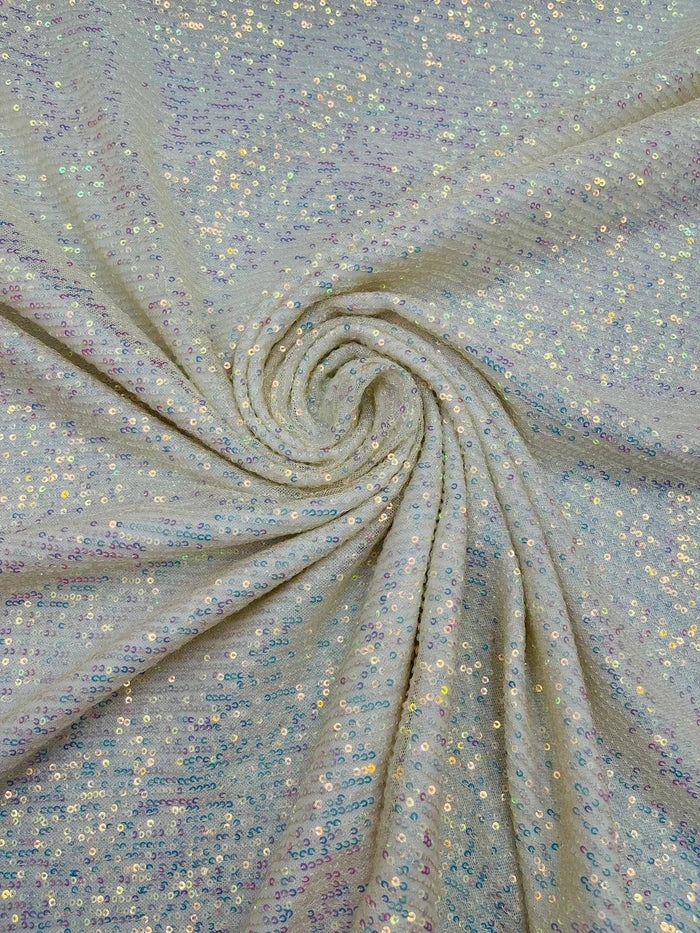 Mille Stripe Spandex Sequins - Clear Iridescent on Ivory - 4 Way Stretch Lace Spandex Mesh Sold By Yard