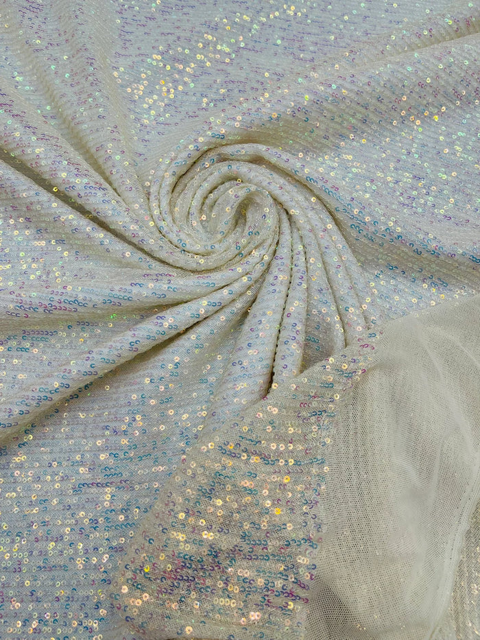 Mille Stripe Spandex Sequins - Clear Iridescent on Ivory - 4 Way Stretch Lace Spandex Mesh Sold By Yard