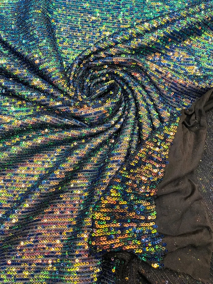 Mille Stripe Spandex Sequins - Iridescent Rainbow - 4 Way Stretch Lace Spandex Mesh Sold By Yard