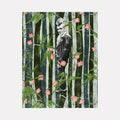 The artwork "Mohawk Guy" by Theresa Gooby features a black-and-white image of a man with a distinctive mohawk hairstyle and a leather jacket, set against a textured background of vertical green bamboo stalks and scattered pink flowers. The illustration combines punk style with natural elements in a mixed media composition. Theresa Gooby