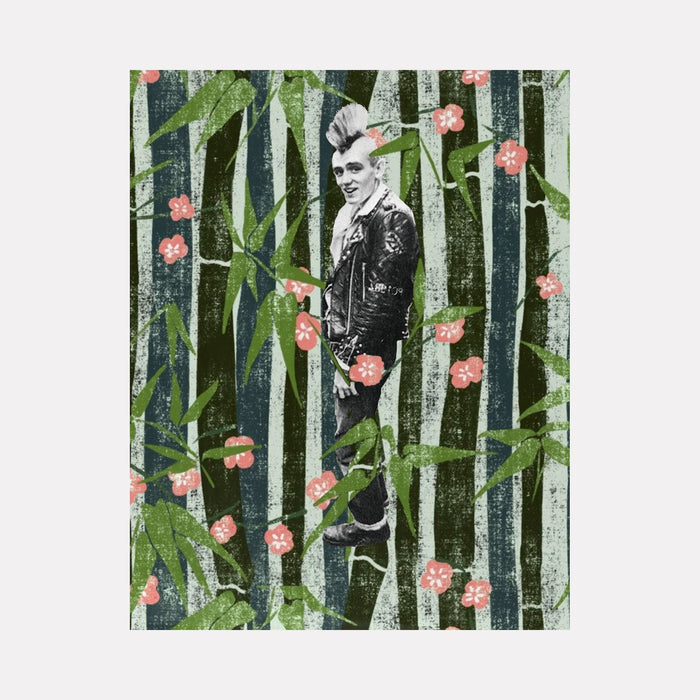 The artwork "Mohawk Guy" by Theresa Gooby features a black-and-white image of a man with a distinctive mohawk hairstyle and a leather jacket, set against a textured background of vertical green bamboo stalks and scattered pink flowers. The illustration combines punk style with natural elements in a mixed media composition. Theresa Gooby