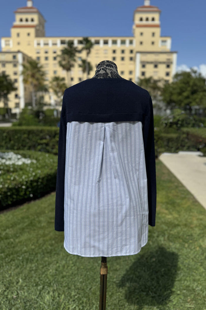 Navy Pullover Knit Top with Shirting Detail - Mildred Hoit