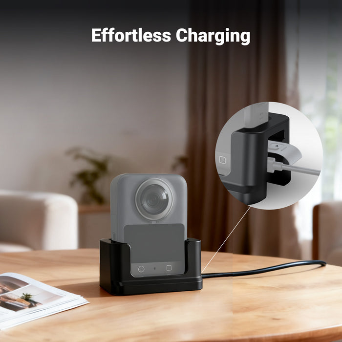 The osmo 360 base allows for easy access to the charging port, enables upright charging, and prevents bumps from flat charging