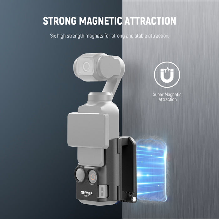 The camera mount stand for Pocket 3 can securely attach to any flat magnetic metal surface