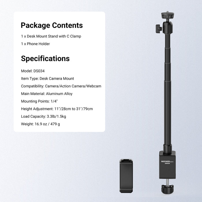 NEEWER BASICS DS034 Camera Desk Mount Stand with C Clamp & Phone Holder