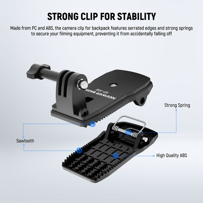 Made from PC and ABS, the camera clip for backpack features serrated edges and strong springs to secure your filming equipment