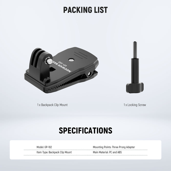 This package includes a backpack clip mount and a mount screw.