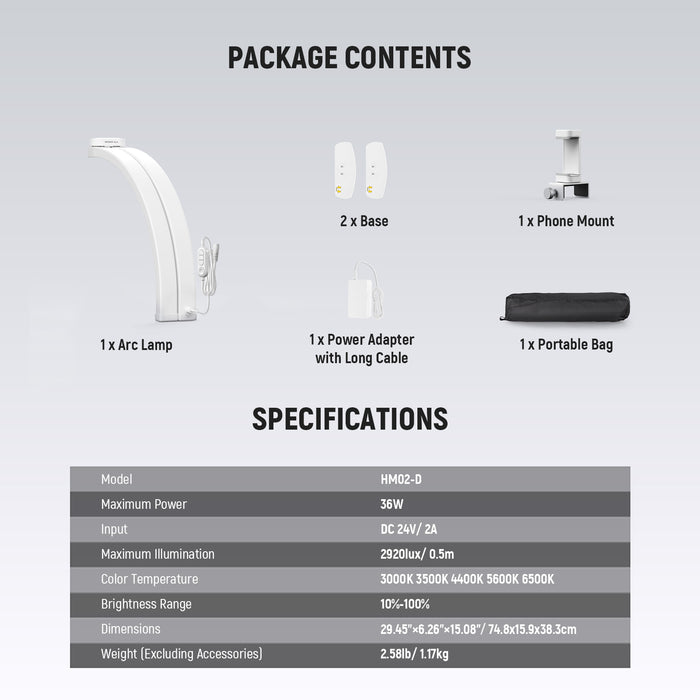 Package Contents of the NEEWER HM02-D Foldable Nail Tech Table Arc Lamp Kit