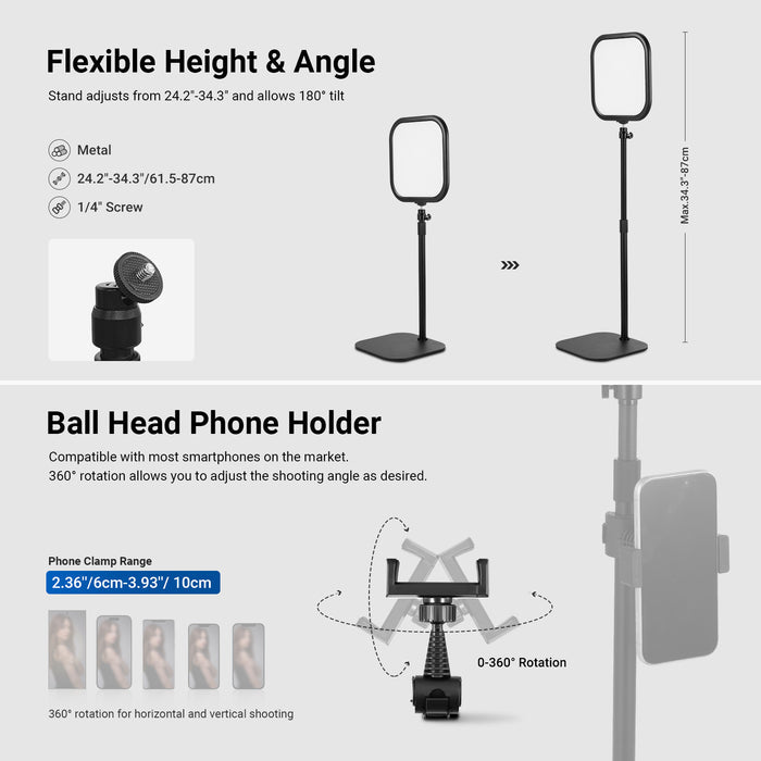 The streaming light with desk stand adjusts from 24.2"-34.3"