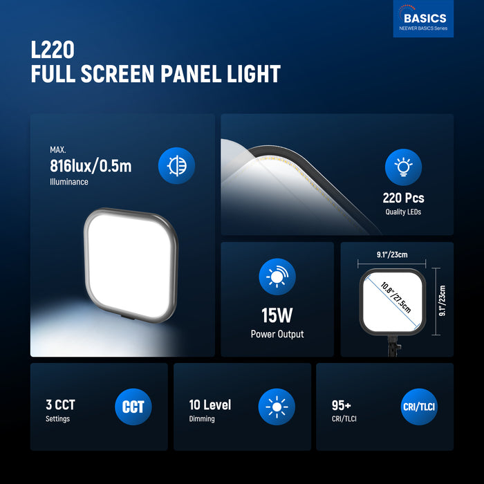 The studio panel lights with 220 bi color LEDs offers up to 816lux/0.5m