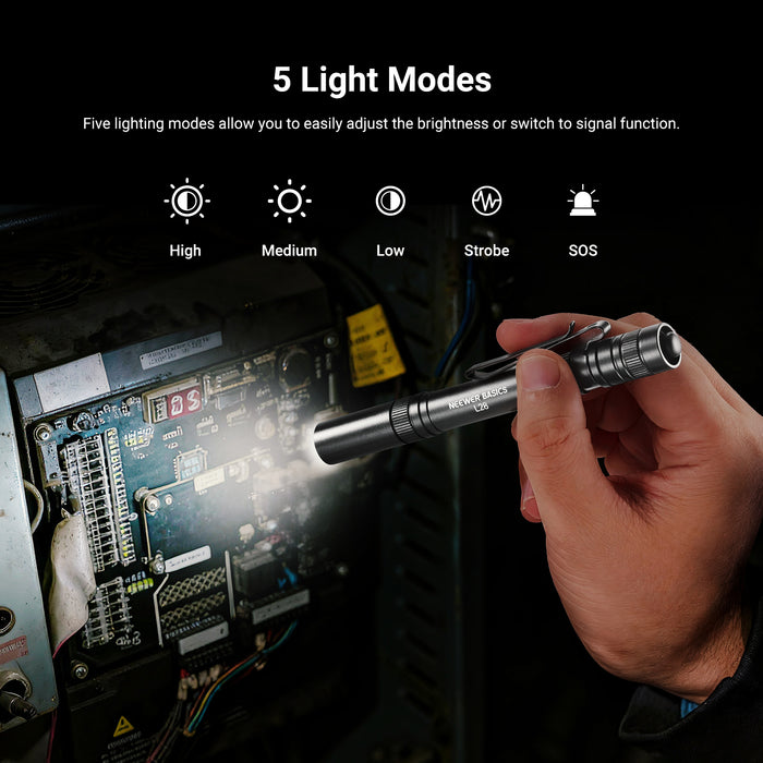 This mini EDC flashlight gadget gives 5 light modes including High, Medium, Low, Strobe, and SOS.