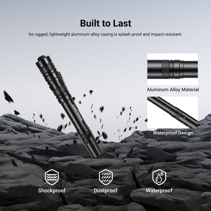The sturdy yet lightweight aluminum alloy casing of NEEWER L28 Portable EDC Flashlight is splash proof and impact resistant.