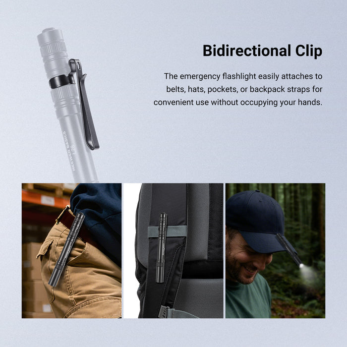 Equipped with a sturdy bidirectional mounting clip, the high lumens emergency pen flashlight easily attaches on to belts, hats, pockets, or backpack straps