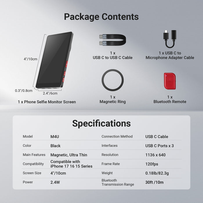This package includes a phone selfie monitor screen, a magnetic ring, a Bluetooth remote, a USB C to USB C Cable, and a USB C to Microphone Adapter Cable.