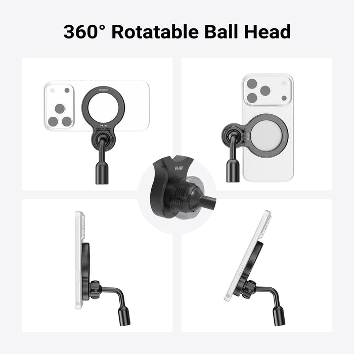 The camera phone mount holder compatible with Mag Safe allows for 360° swivel
