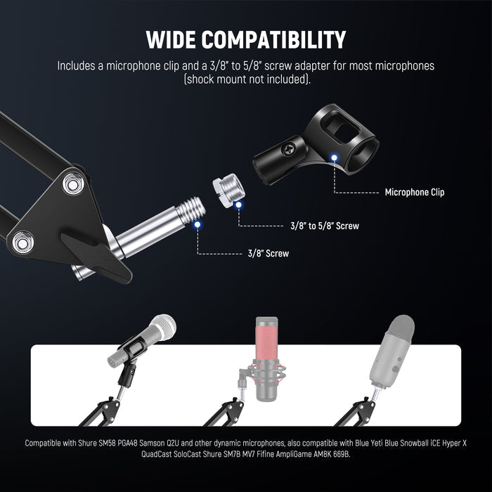 Wide Compatibility of the NEEWER MS006 Desktop Microphone Boom Arm Stand Kit
