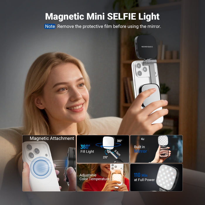 A girl is using the NEEWER NL45B Magnetic LED Selfie Light.