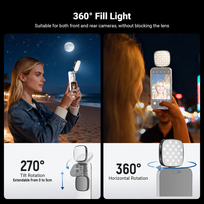 NEEWER NL45B Magnetic Portable LED Selfie Light is suitable for both front and rear cameras, without blocking the lens.