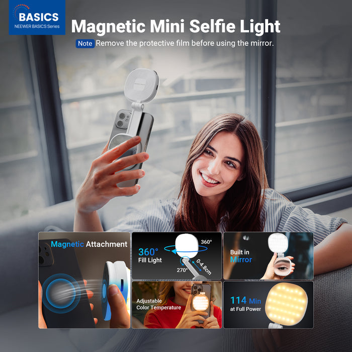 A girl is using the NEEWER NL72B Mini Magnetic Selfie Light to take photos.