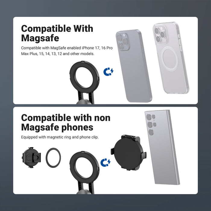 NEEWER PA985 3 in 1 Magnetic Selfie Stick Tripod is compatible with Magsafe and non Magsafe phone via magnetic ring and phone clip.