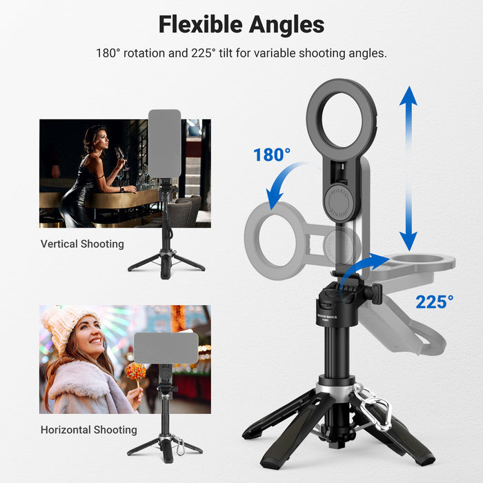 NEEWER PA985 3 in 1 Magnetic Selfie Stick Tripod supports 180° rotation and 225° tilt for various shooting angles.