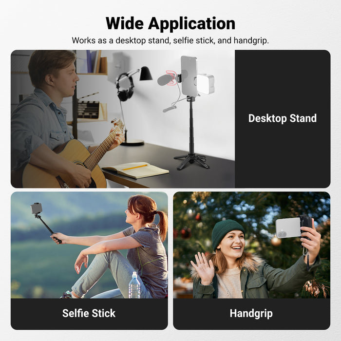 NEEWER BASICS PA986 works as a desktop stand, selfie stick, and handgrip.