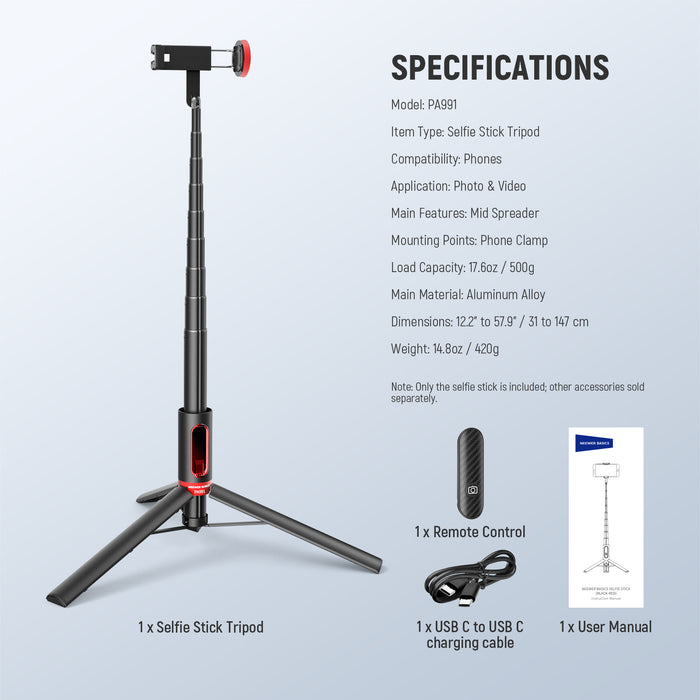 Specifications of the NEEWER PA991 57.9" One Touch Set Up Selfie Stick