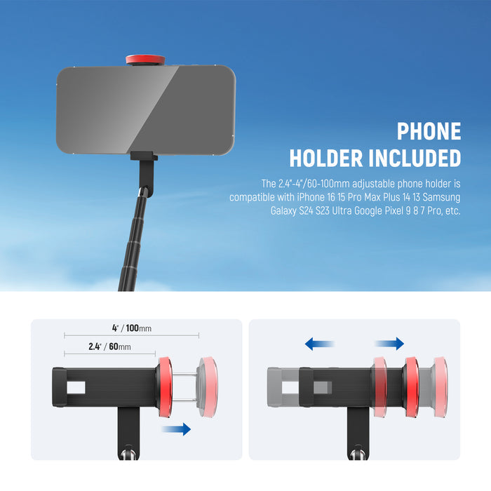 This mini tripod kit includes a phone holder.