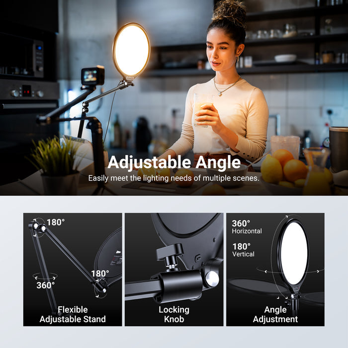 With the foldable arm extending up to 27.6", the NEEWER LED panel film light kit with desktop clamp stand allows precise light direction.