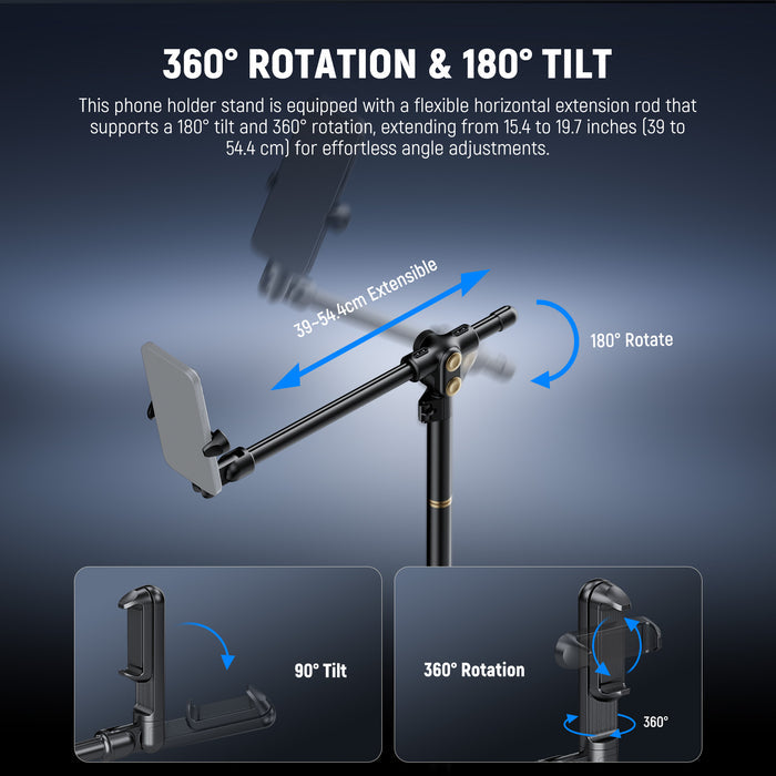This phone holder stand is equipped with a flexible horizontal extension rod
