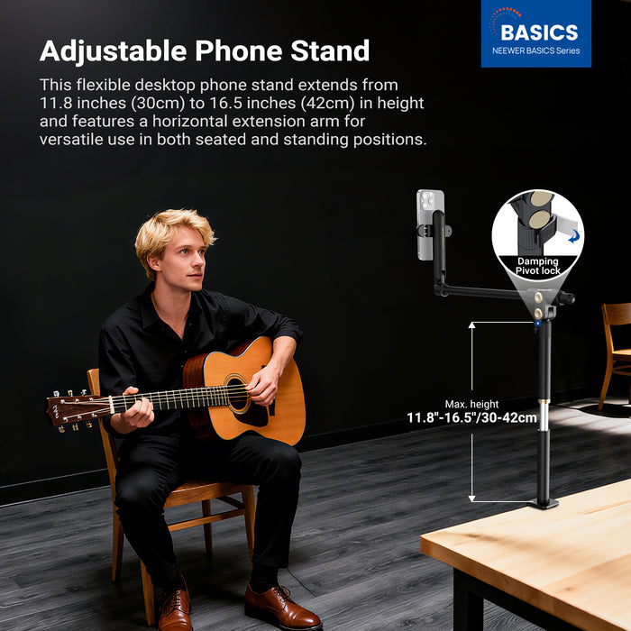 This flexible desktop phone stand extends from 30cm to 42cm in height and features a horizontal extension arm for versatile use in both seated and standing positions.