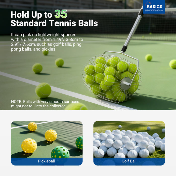 NEEWER TB05S Tennis Ball Picker holds up to 35 standard tennis balls.