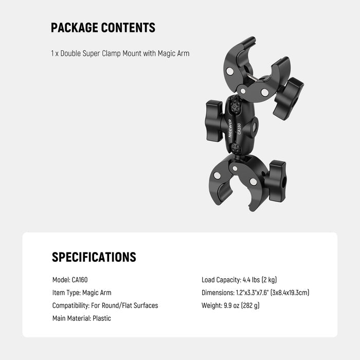 Specifications of the NEEWER CA160 Double Super Clamp Mount with Magic Arm