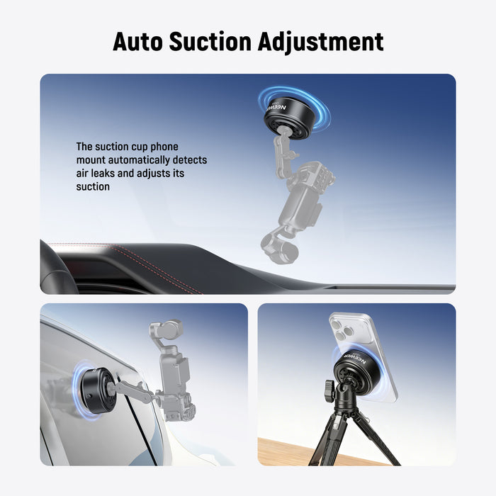 The suction cup phone mount automatically detects air leaks and adjusts its suction