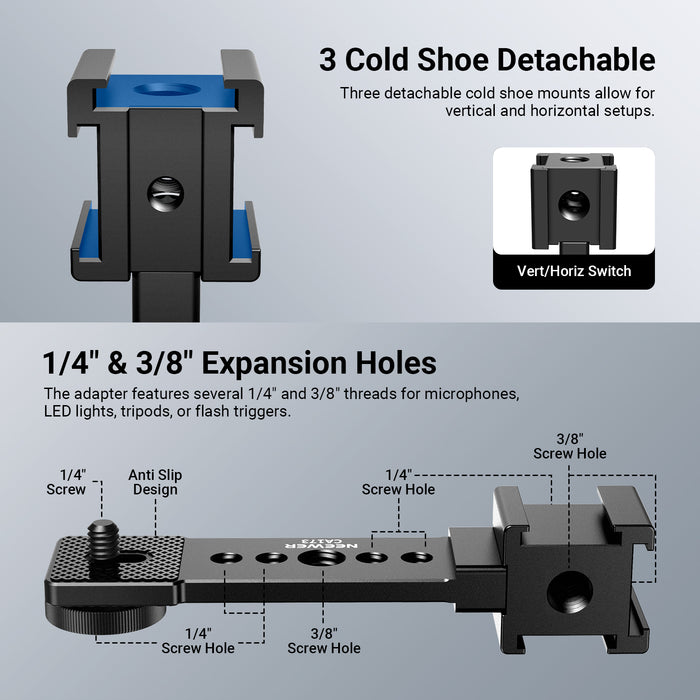 The phone stabilizer expansion adapter features several 1/4" and 3/8" threads on the arm for attaching smaller gimbal photography accessories as you wish