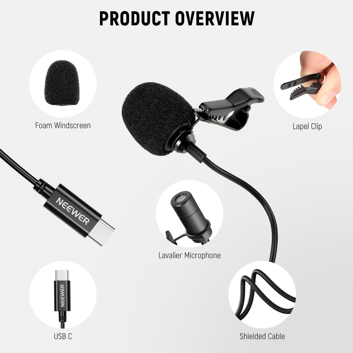 Product overview of the NEEWER CM6 2 Pack USB C Lavalier Microphone