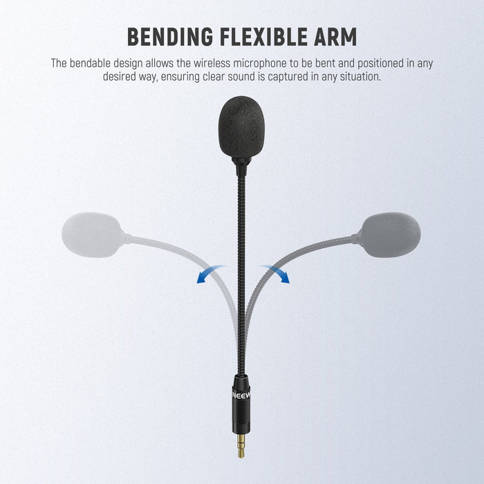 Condenser Mic's bendable design allows the wireless microphone to bend and position itself any way it needs to