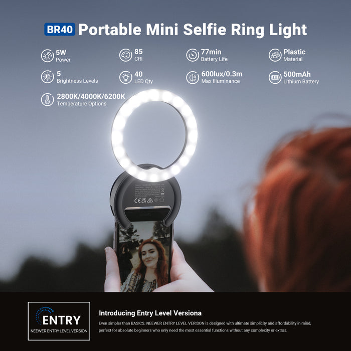 A girl is using the NEEWER BR40 Mini Phone Selfie Ring Light to illuminate her selfie.