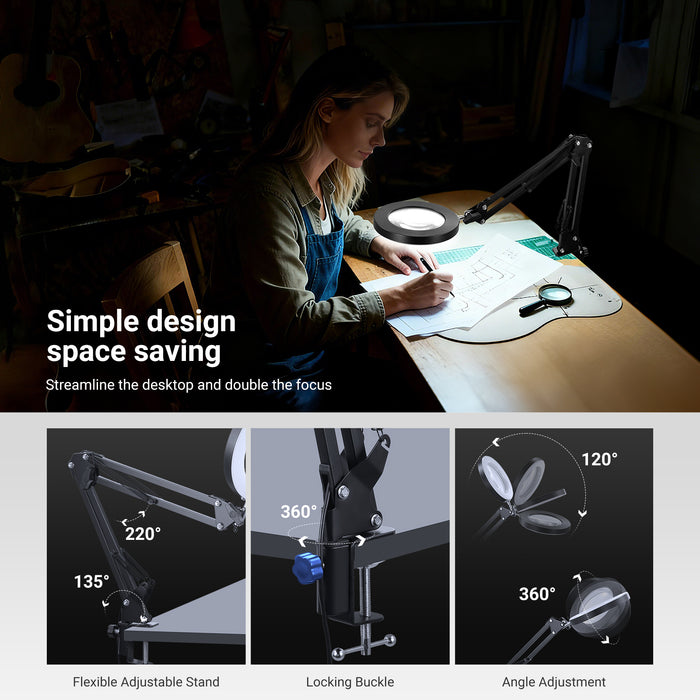 A girl is using the NEEWER N19 10X Magnifying Glass with Light & Clamp Stand to work.
