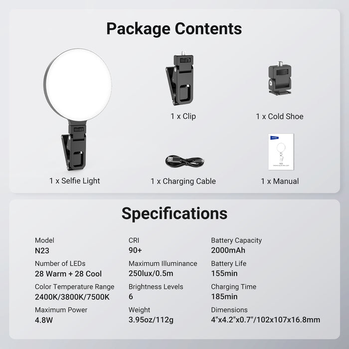 This kit includes a selfie light, a clip, a cold shoe, and a charging cable.