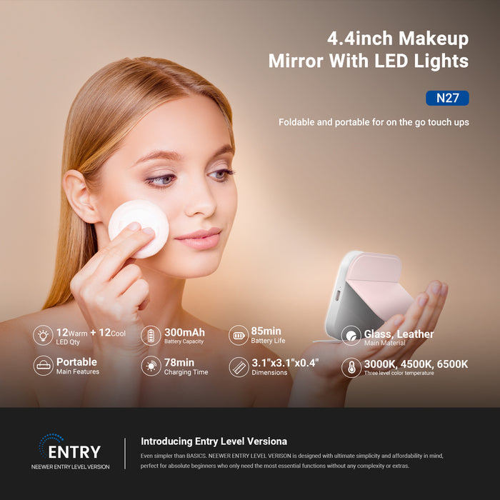 A girl used the NEEWER 4.4inch makeup mirror with LED light while putting on her makeup