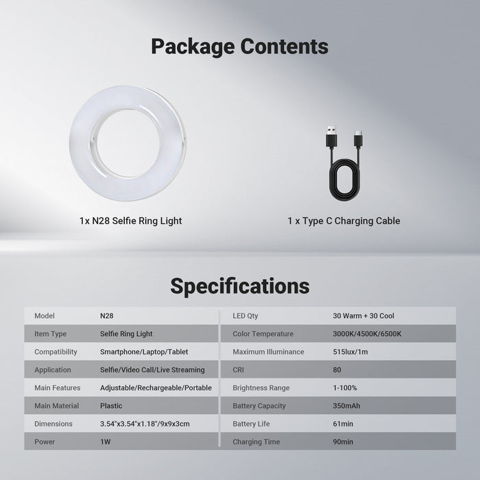 This package includes a NEEWER N28 Mini Selfie Ring Light and a charging cable.