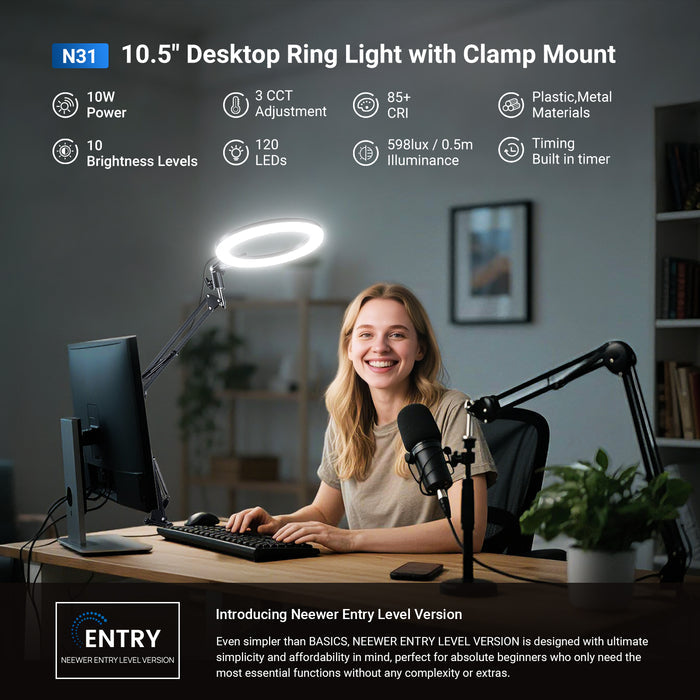 A girl is using the NEEWER N31 Desk Ring Light with Flexible Phone Holder to offer illumination for the home office.