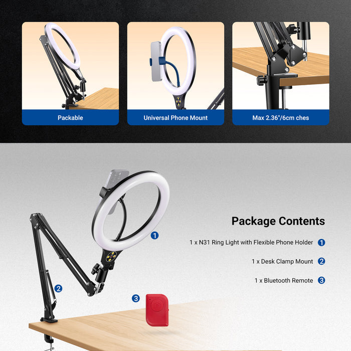 This package includes a ring light with phone holder, a desk clamp mount, and a Bluetooth remote.